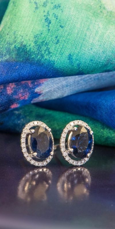 Fabulous blue sapphire and diamond oval cluster earrings from Hatton Garden: best price for high quality classics: 100% moneyback guarantee