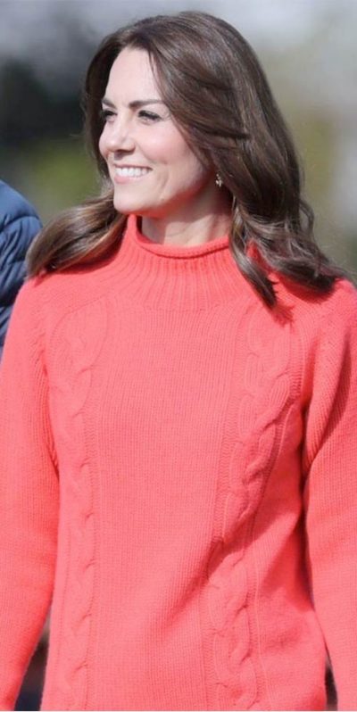 Really Wild—as worn by Kate, HRH Princess of Wales: Cashmere Lambswool Cable Crew in Coral: sadly, currently unavailable