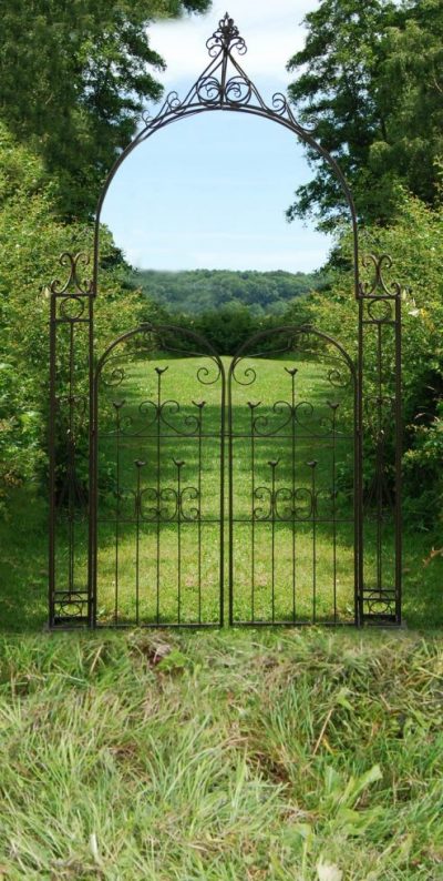 When every prospect pleases . . . fabulous scene-changing Woodland Arch with Gates by Ascalon Design: powder-coated steel with rusty iron finish, built to last