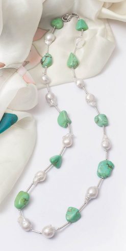 Elegant and delightful new Tahiti Necklace in Natural Turquoise, Baroque Pearl and Sterling Silver: 28in