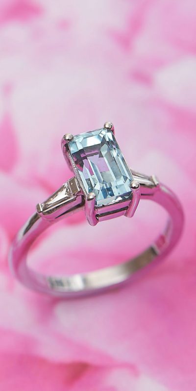 Sophisticated Emerald Cut 2.17 Carat Aquamarine and Diamond Three-Stone Ring from Hatton Garden