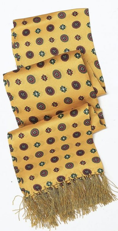 Tootal silk scarf: best price for this elegant, sophisticated aviator silk scarf in gold with medallion pattern: still made by Tootal from the original brand archive