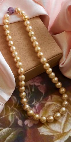 Elegant, Natural Beauty: The New South Sea Golden Pearl, Diamond, Pink Sapphire and 14ct White Gold Necklace: Exclusive Members’ price: sold to a Member