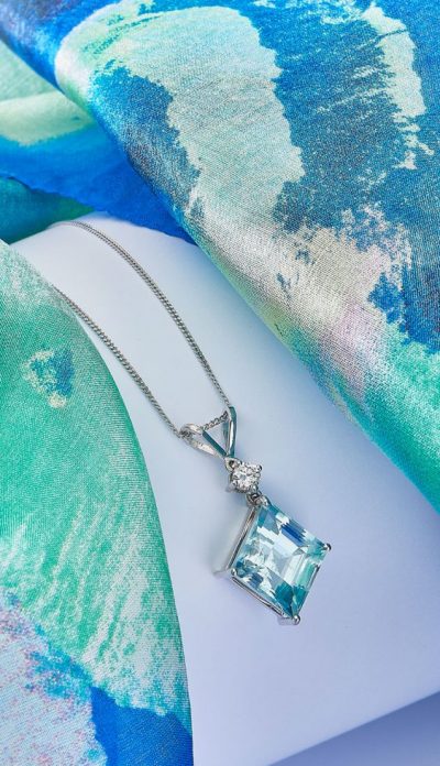 Showstopping new Princess Cut Natural Aquamarine, Diamond and 18 Carat White Gold Charisma Necklace from London's Hatton Garden
