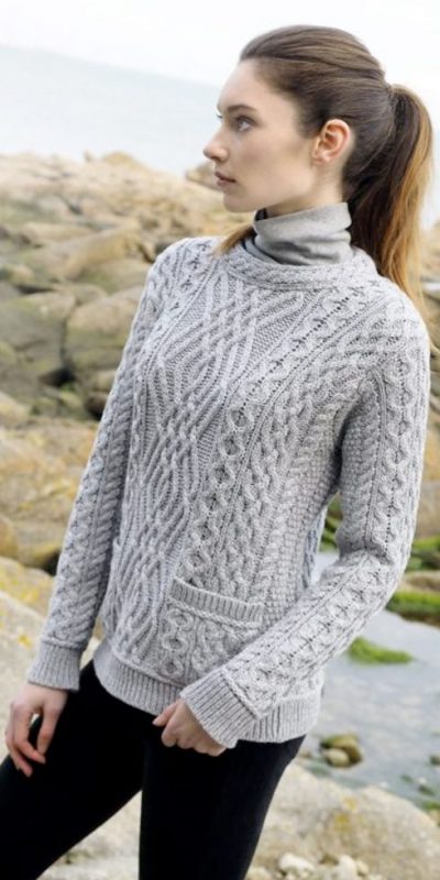 Stylish and unique crew neck Aran sweater with cable knit neck and patch pockets: the Cong by West End Knitwear of Co Kildare