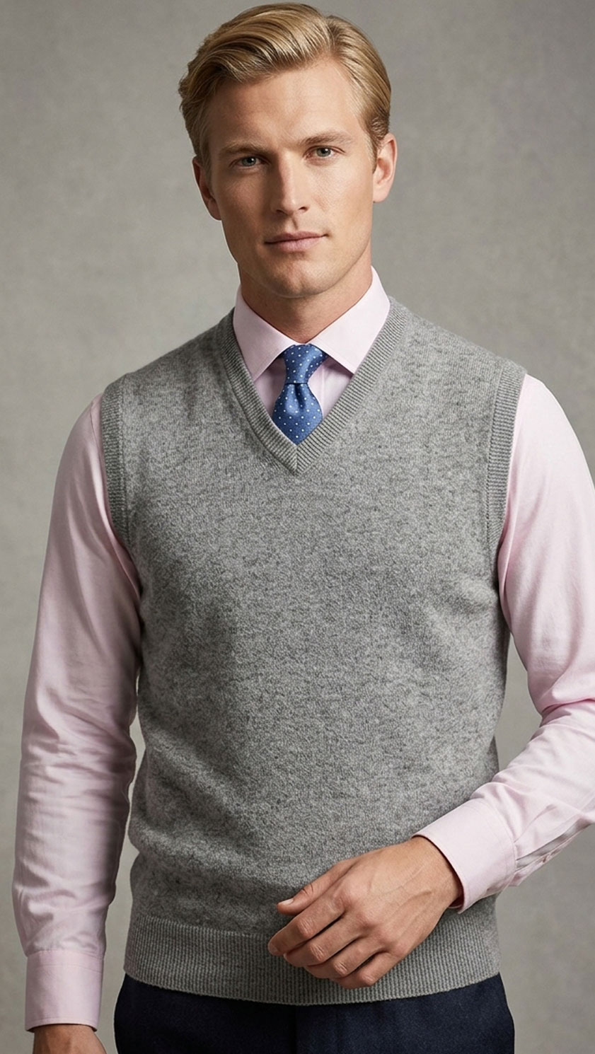 Lona Scott grey cashmere V-neck slipover, modelled over shirt and tie at CountryClubuk