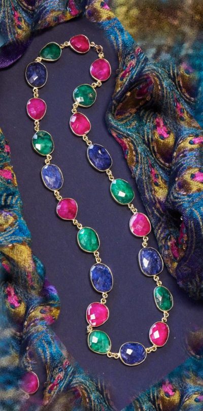 The Scheherazade Necklace in natural ruby, emerald, sapphire and gold: a stunning piece of jewellery epitomising  the romance and opulence of the Arabian Nights