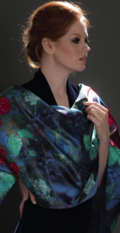 Artistic, luxurious silk satin stole: the French symbolist painter Odilon Redon's romantic ‘Ophelia Among the Flowers’: recreated in silk by Fox & Chave, double sided, reversible and warm