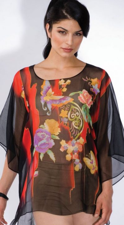 South Pacific Silk Collection: Enchanting hand-painted silk Hawaiian Garden butterflies tunic in Black Pearl and Blue Hawaiian