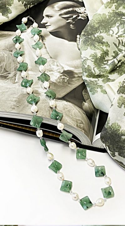 Cool beauty: The elegant and long new Verdi Necklace in Natural Jade, Pearls, Swarovski Crystal, Gold Vermeil and 14ct Gold: limited edition, now sold out