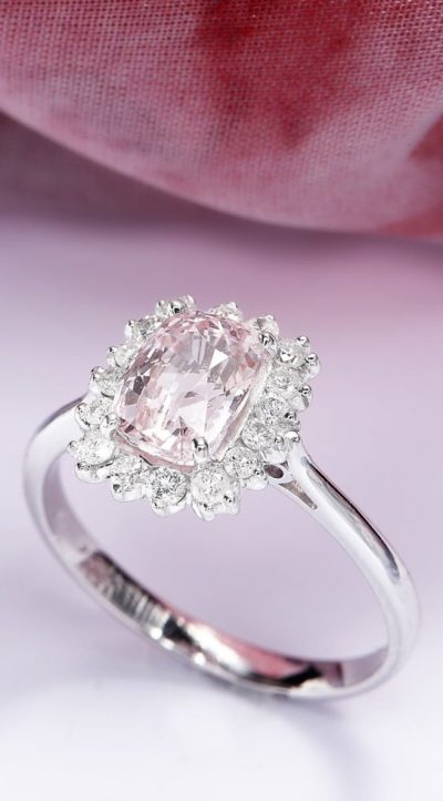 Beautiful and rare natural Padparadscha (Pathparaja) Ceylon Sapphire, Diamond and 18ct White Gold Ring from Hatton Garden: Members save £3,600