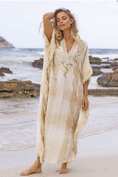 From the fabulous Miss June Paris Resort Collection: Relaxed and ravishing Riviera style in the handmade long Kaftan Royale in pure cotton: with the current vogue for fringing, it's totally on trend: sold out