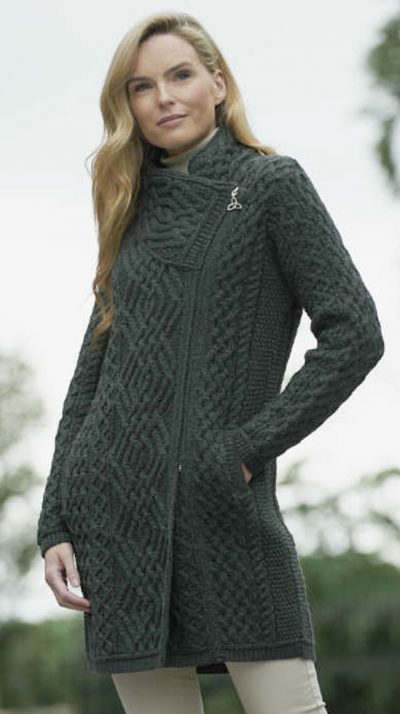 Fabulously stylish new merino wool Aran side zip coat blends fashion, top quality and warmth: the Liffey, by West End of Co Kildare - Image 2