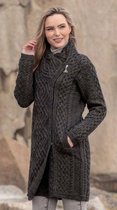 Fabulously stylish new merino wool Aran side zip coat blends fashion, top quality and warmth: the Liffey, by West End of Co Kildare