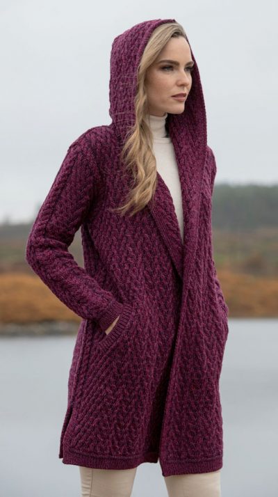 Herringbone stitch gives this elegant, soft and relaxed edge to edge hooded merino wool  jacket by West End Knitwear a unique style: three gorgeous colours, mallard blue, purple and natural oatmeal - Image 2