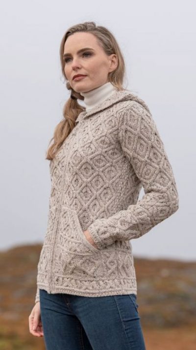 New Skellig Irish hood cardigan by West End Knitwear in pure merino wool has an unusual honeycomb pattern, diagonal cable squares creating a 3D effect