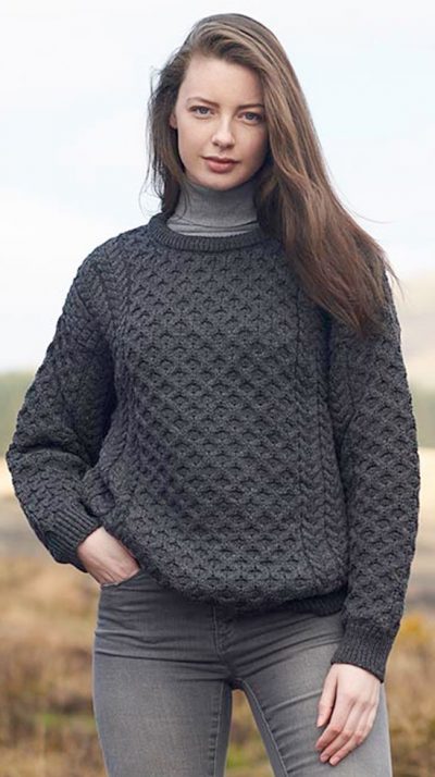 The classic Aran Crew Neck Jumper knitted by specialists West End in Ireland: soft, stylish and warm pure Merino wool: the Kildare in six great colours