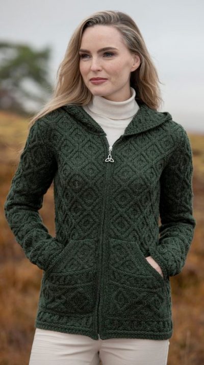New Skellig Irish hood cardigan by West End Knitwear in pure merino wool has an unusual honeycomb pattern, diagonal cable squares creating a 3D effect - Image 2