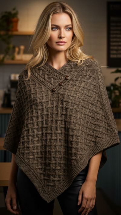Super-soft Aran knitted Cape in pure Merino Wool for a warm and stylish finish: the Connemara by West End Knitwear of County Kildare