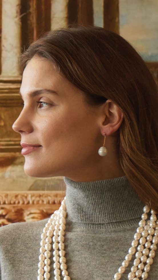Silver-hued natural baroque pearl Lunar Maria Earrings set on 14ct