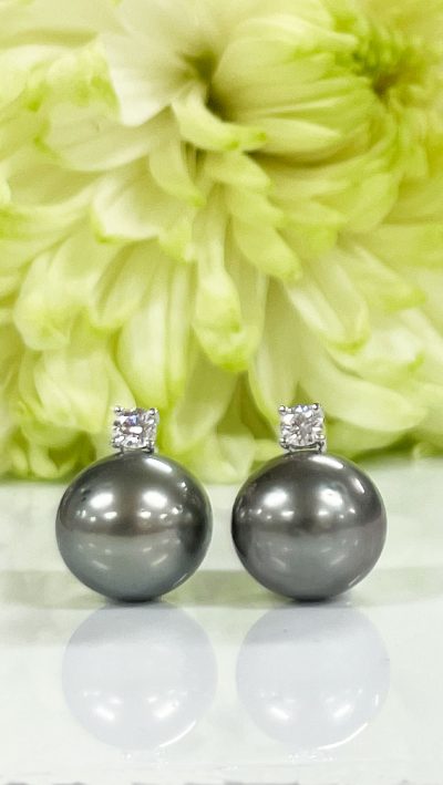 Tahitian Black Pearl, Diamond and 14 Carat White Gold Earrings: prized natural jewels of the South Sea, just arrived: 8.5mm