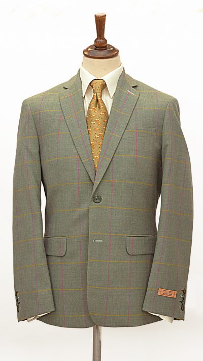 Elegant pure wool jacket by English tailors Gurteen in a beautiful soft green with sand and heather overcheck: flattering jacket from the stylish Gurteen Esquire range: 40in chest, regular