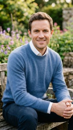 Man wearing Lona Scott pure Mongolian cashmere crew neck jumper in denim blue, styled with a white shirt in a beautiful garden setting – timeless gentleman’s knitwear