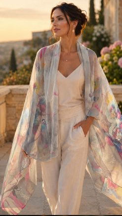 Woman wearing the Jardin de Lune oversized pure silk chiffon stole with painterly floral print in oyster grey, fuchsia and Riviera blues