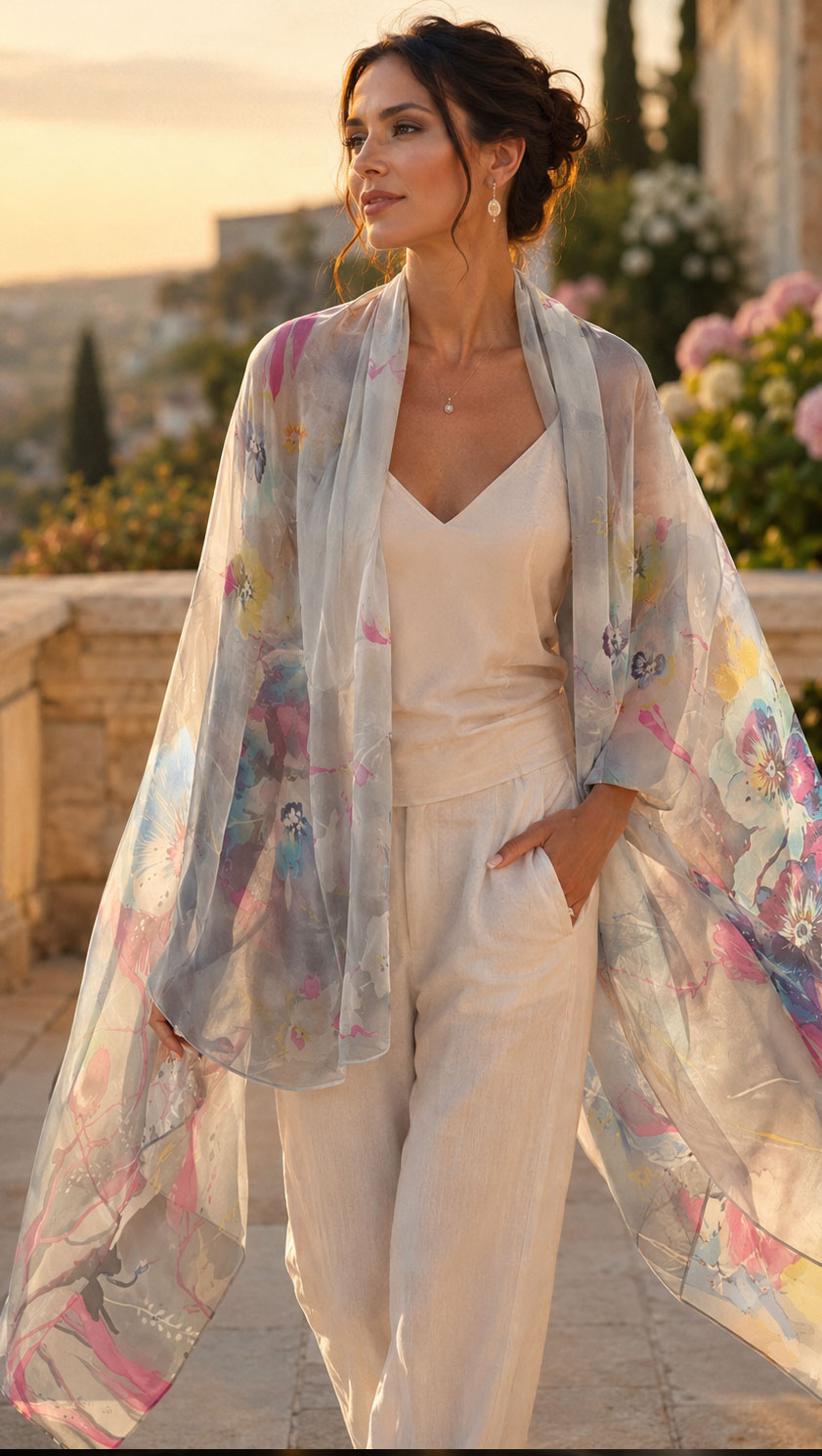 Woman wearing the Jardin de Lune oversized pure silk chiffon stole with painterly floral print in oyster grey, fuchsia and Riviera blues