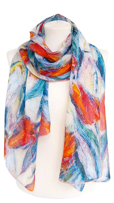 Fox & Chave Monet Tulips Chiffon Scarf: fine art in a stunning pure silk floaty stole, beautifully portrayed from the famous work of Claude Monet: in high quality silk, finished with hand rolled hems