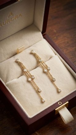 Effy 14ct gold diamond chain drop earrings with bezel-set diamonds presented in luxury gift box
