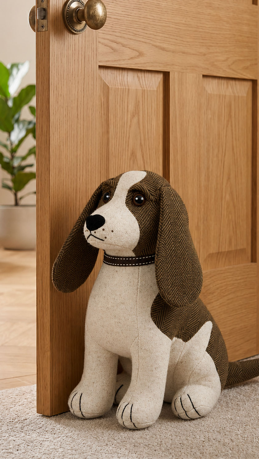 Dora Designs Springer Spaniel doorstop holding open a wooden door
