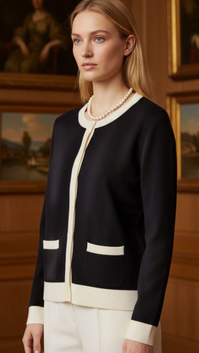 Chanel style cashmere cardigan jacket by Lona Scot in navy and cream - best price at CountryClubuk
