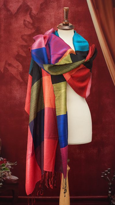 The new Colour Block Stole, handwoven in fine wool: instant style uplift for the new season in three gorgeous solourways: Vibrant Teal,  Monochrome and Fiery Red - Image 2