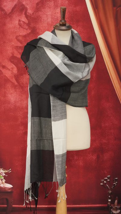 The new Colour Block Stole, handwoven in fine wool: instant style uplift for the new season in three gorgeous solourways: Vibrant Teal,  Monochrome and Fiery Red