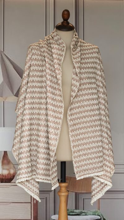 Handwoven 100% cashmere shawl: spun and handwoven in the Himalayas by a master weaver in cool, elegant coffee-and-cream chevron stripes for luxurious allure