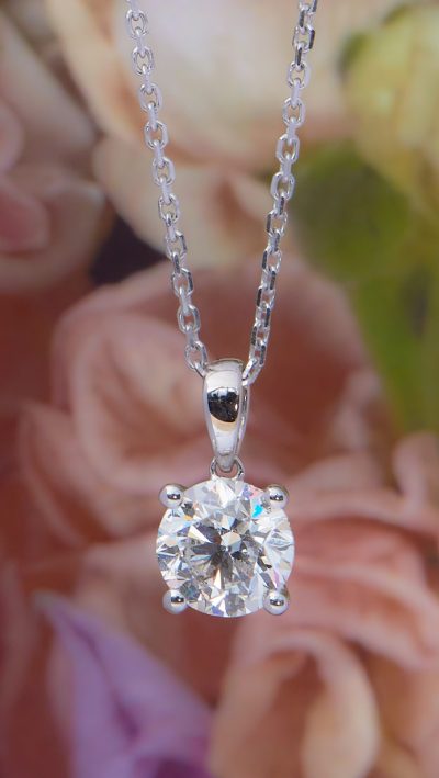 Hatton Garden diamonds: best price for the scintillating .90 Carat Round Brilliant Cut Diamond Solitaire Pendant set in 18ct White Gold: colour F, clarity VS: save £5,350