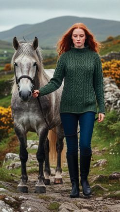 Aran merino wool jumper with curl neck stylish in thundra green at CountryClubuk