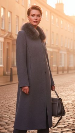 Cashmere coat in grey with fur collar at CountryClubuk
