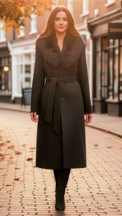 Cashmere coat with fox fur collar in black at CountryClubuk best price