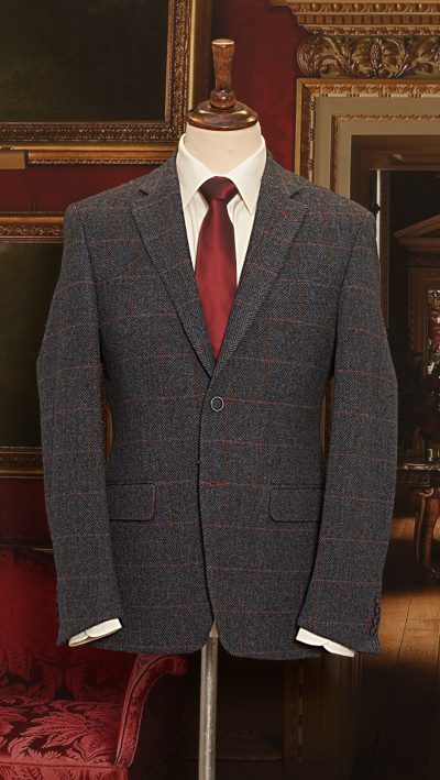Pure wool tweed jacket in smart charcoal and blue herringbone with brown overcheck: best price for this high quality jacket from English tailors Gurteen, established in 1784