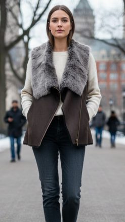 Toscana shearling zipped gilet: butter soft, thick, warm and stylish premium grade Spanish shearling in chocolate brown, and with a fabulous luxurious shearling fur collar contrast and in-vogue angled zip front, it looks amazing