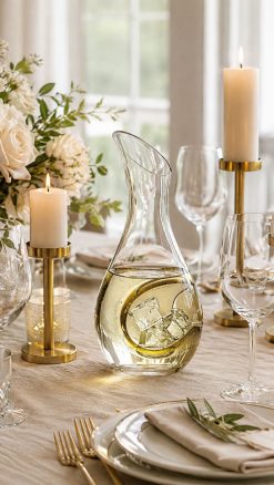 Hand-blown Artland Sommelier wine cooling carafe with chilled white wine and ice at a luxury summer table setting