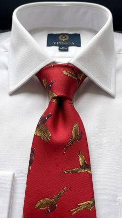Red silk tie sporting flying pheasants at CountryClubuk Members' exclusive price.