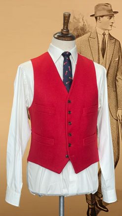 Doeskin waistcoat, the pure wool, alltime classic by English tailors Gurteen 1784: in six smart colours, poppy red, yellow, forest green, wine, fawn and heather: last remaining sizes