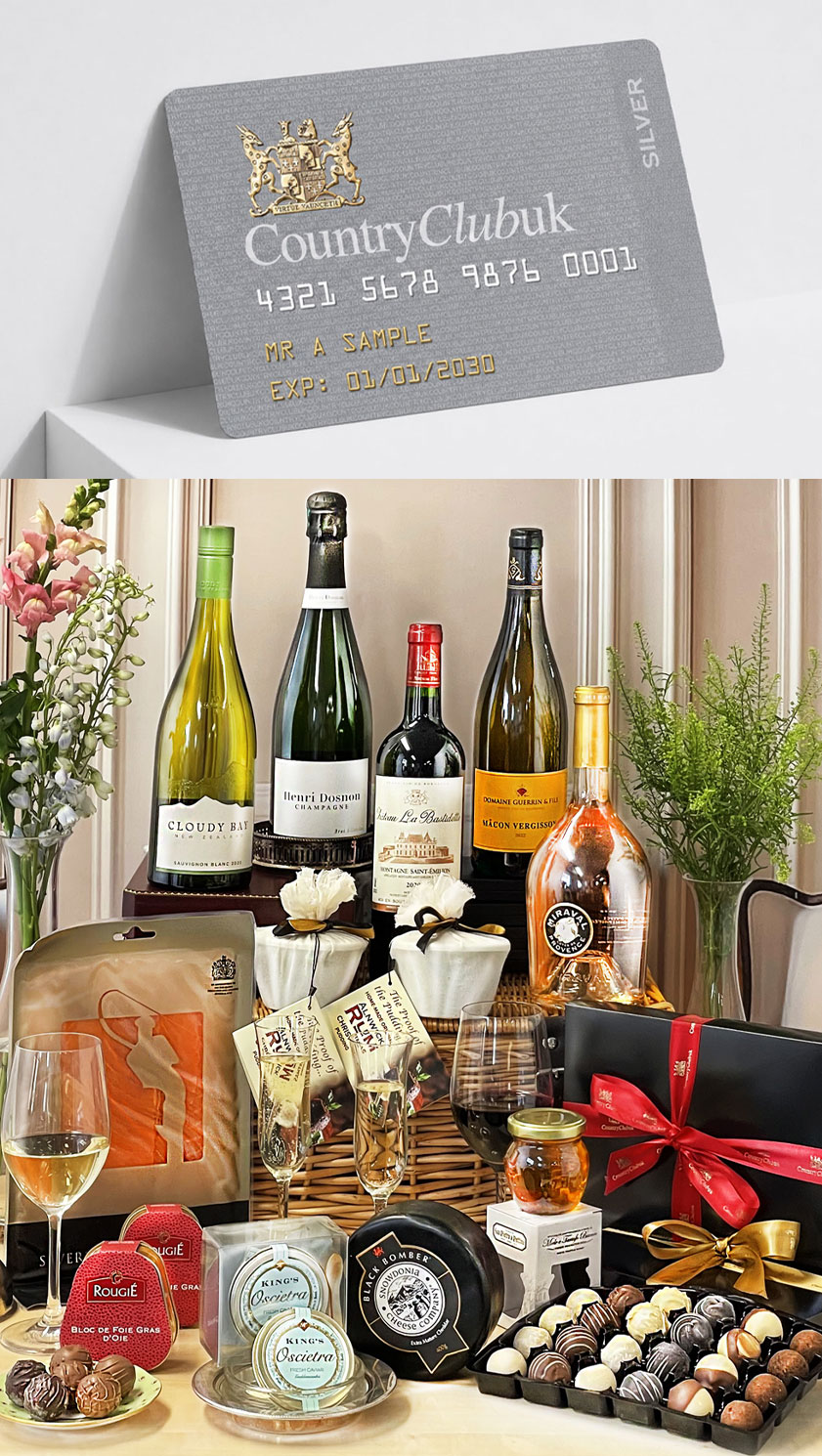 The CountryClubuk Silver Membership Card and Champagne Hamper with compliments.