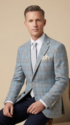 Man wearing Gurteen Florence jacket in soft blue Lanificio di Pray plaid summer blazer