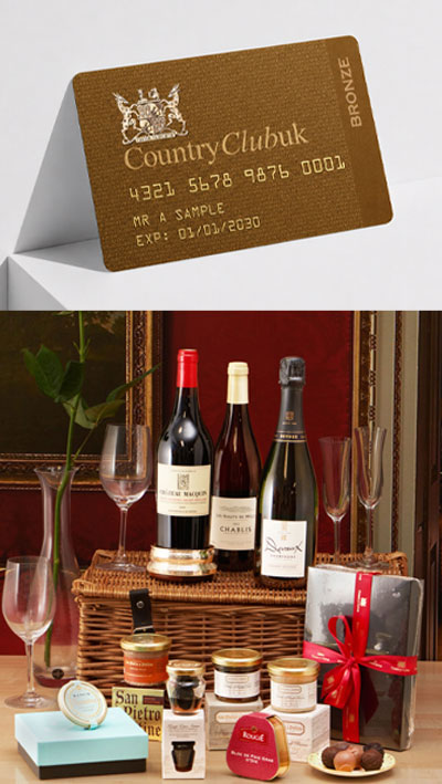 CountryClubuk Bronze Membership card with Bronze Welcome Hamper including champagne, wines and gourmet artisan delicacies.