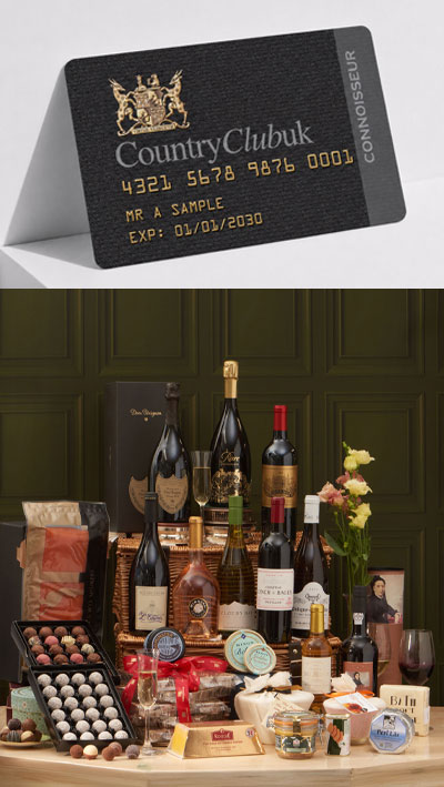 CountryClubuk Connoisseur Membership card with the Club's ultimate Welcome Hamper featuring Dom Pérignon, fine wines and exceptional gourmet delicacies.