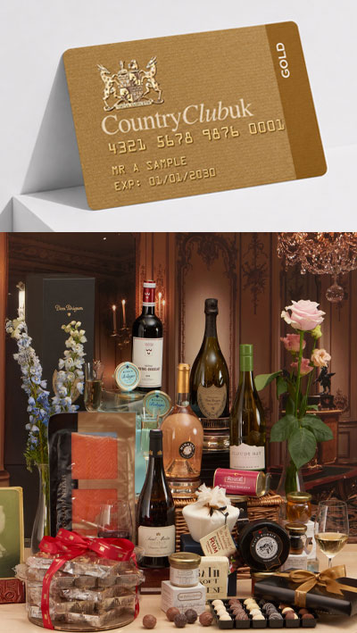 CountryClubuk Gold Membership card with Gold Welcome Hamper including premium wines, Champagne, artisan food and luxury delicacies.